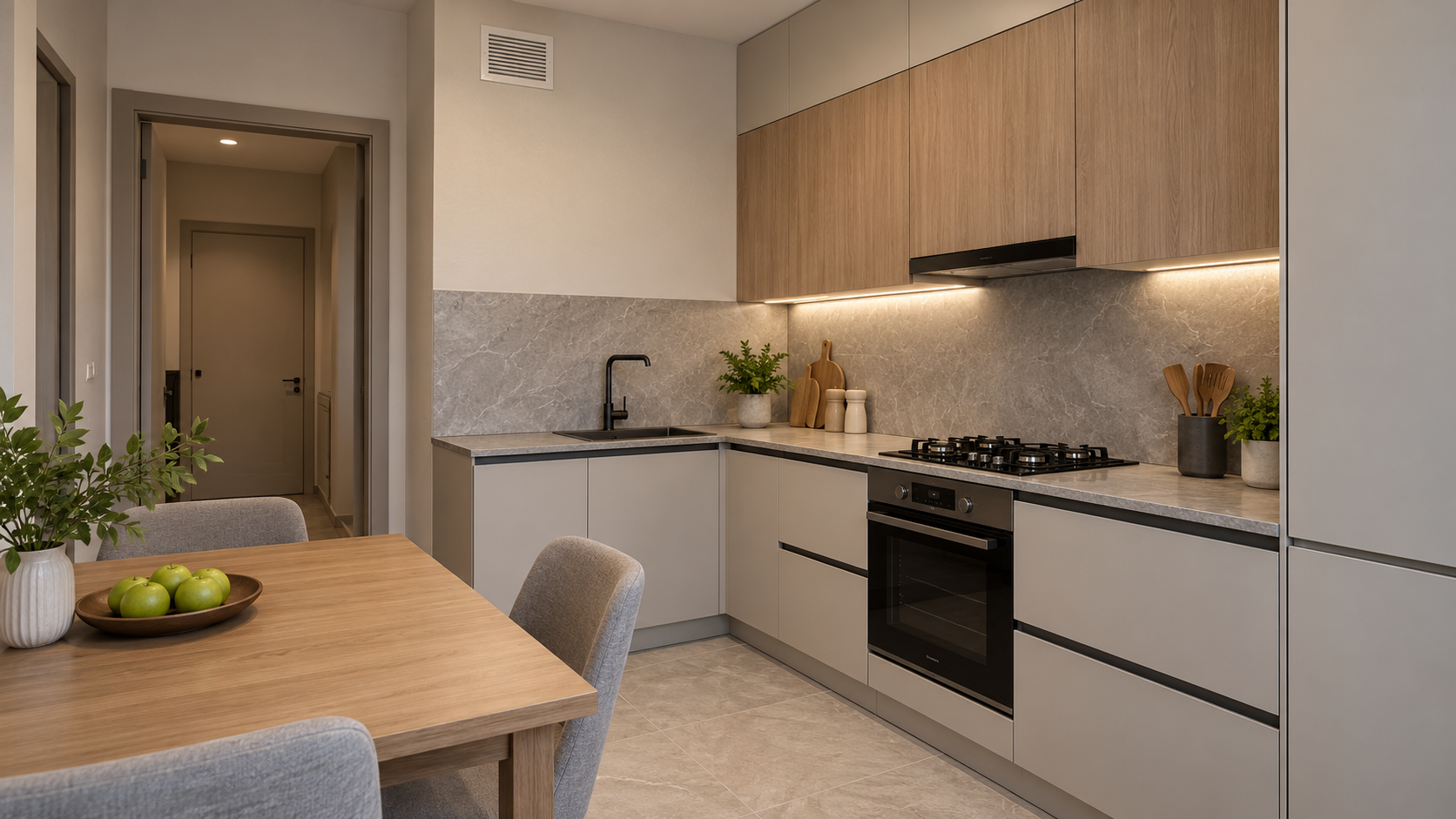 Кухня с газовой плитой и вентиляционной решёткой без внешнего окна